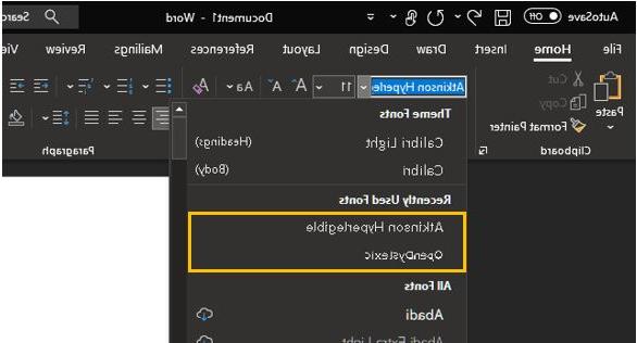 Fonts drop-down in Microsoft 词 showing the availability of two accessible fonts; Atikinsons Hyperlegible and OpenDyslexic